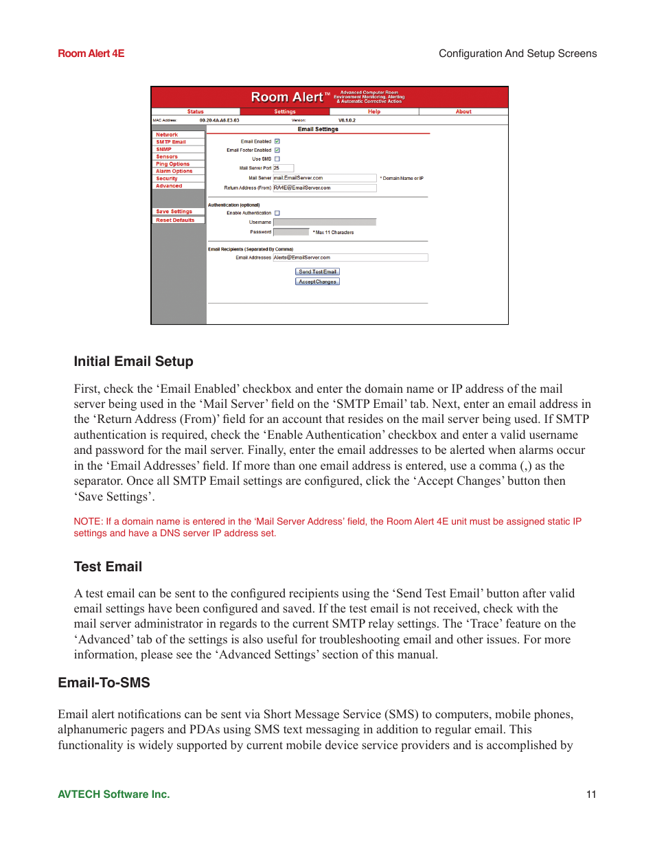 Initial email setup, Test email, Email-to-sms | AVTECH Room Alert 4ER Monitor (RA4E-ES1-RAS) User Manual | Page 15 / 32