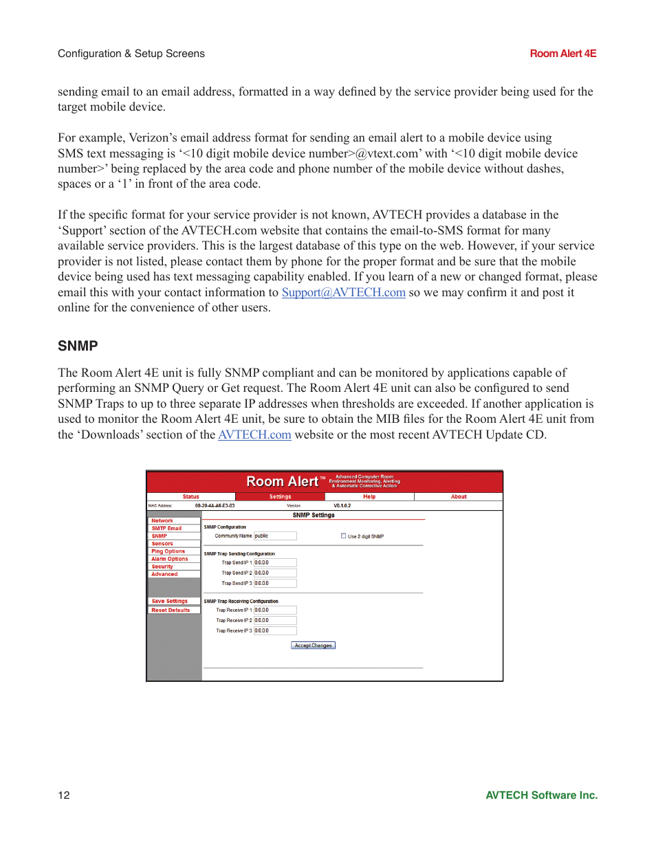 Snmp | AVTECH Room Alert 4ER Monitor (RA4E-ES1-RAS) User Manual | Page 16 / 32
