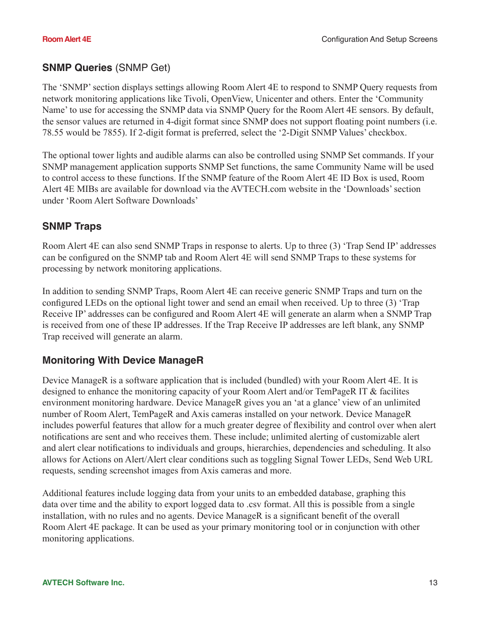 Snmp queries (snmp get), Snmp traps, Monitoring with device manager | AVTECH Room Alert 4ER Monitor (RA4E-ES1-RAS) User Manual | Page 17 / 32