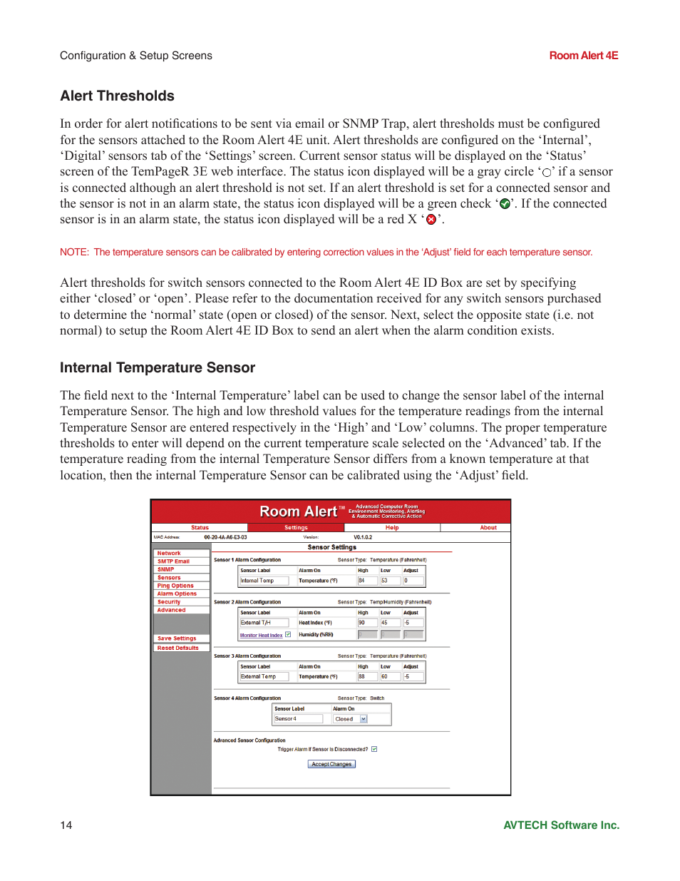 Alert thresholds, Internal temperature sensor | AVTECH Room Alert 4ER Monitor (RA4E-ES1-RAS) User Manual | Page 18 / 32