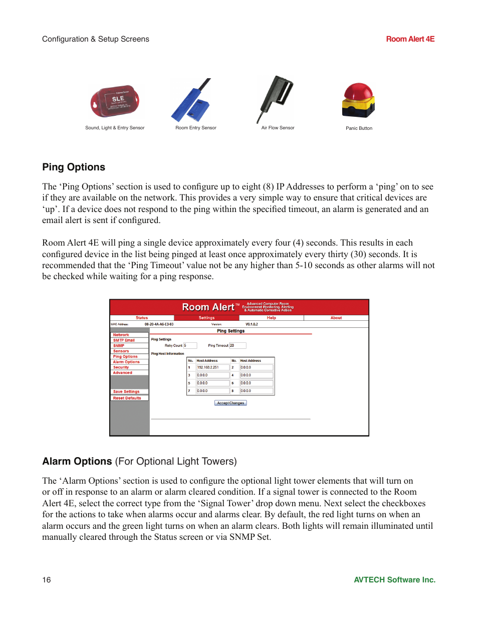 Ping options, Alarm options (for optional light towers) | AVTECH Room Alert 4ER Monitor (RA4E-ES1-RAS) User Manual | Page 20 / 32