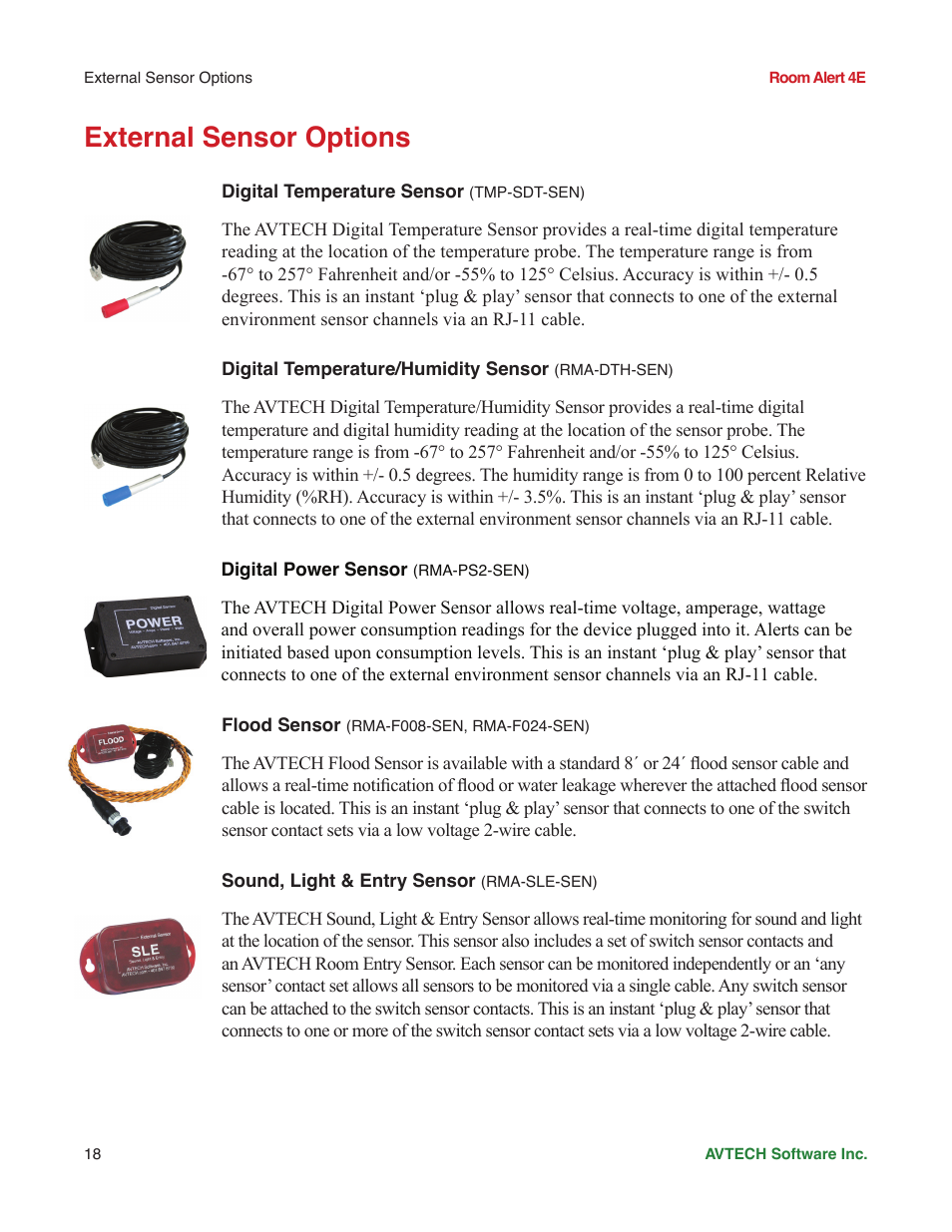 External sensor options | AVTECH Room Alert 4ER Monitor (RA4E-ES1-RAS) User Manual | Page 22 / 32