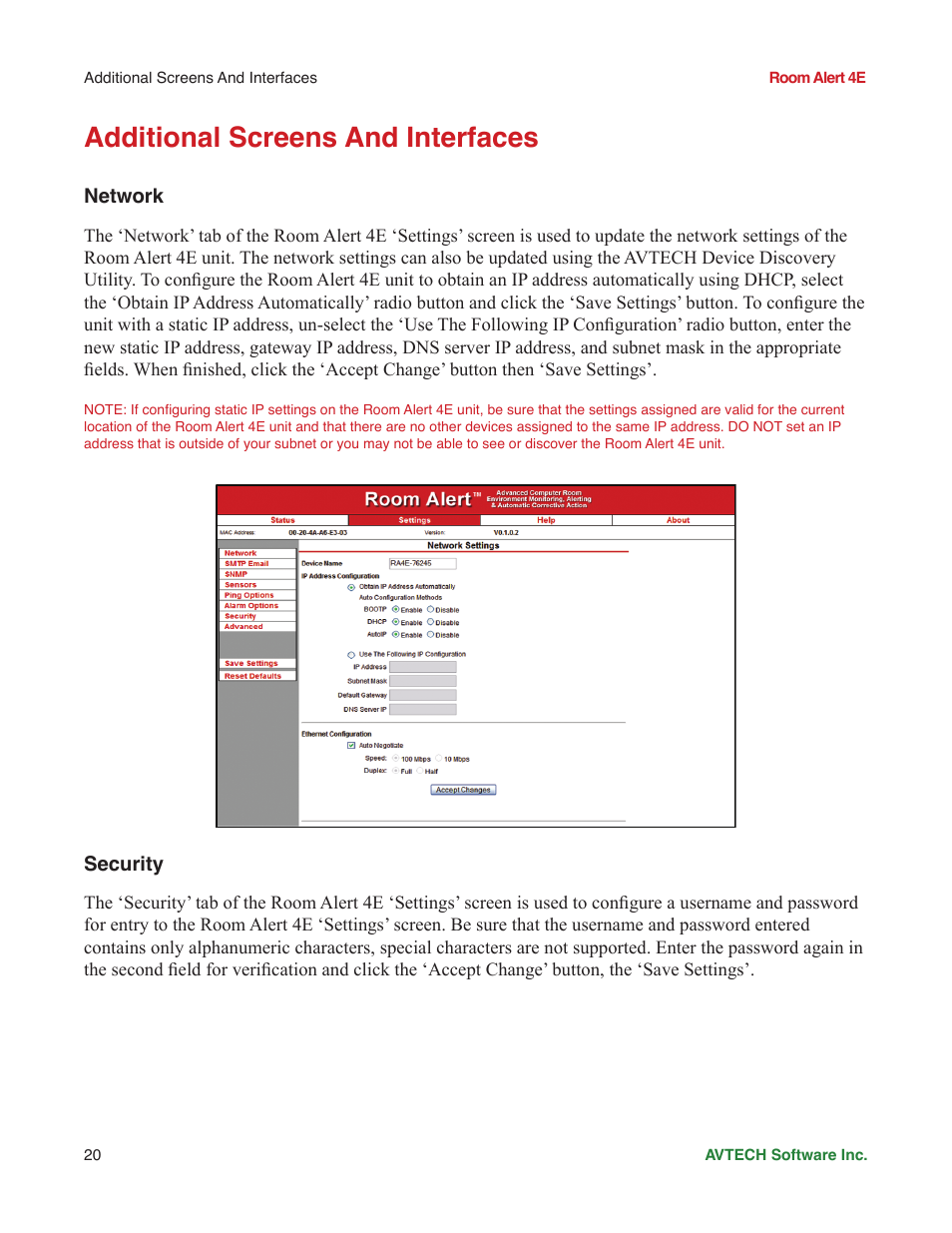 Additional screens and interfaces, Network, Security | Advanced | AVTECH Room Alert 4ER Monitor (RA4E-ES1-RAS) User Manual | Page 24 / 32
