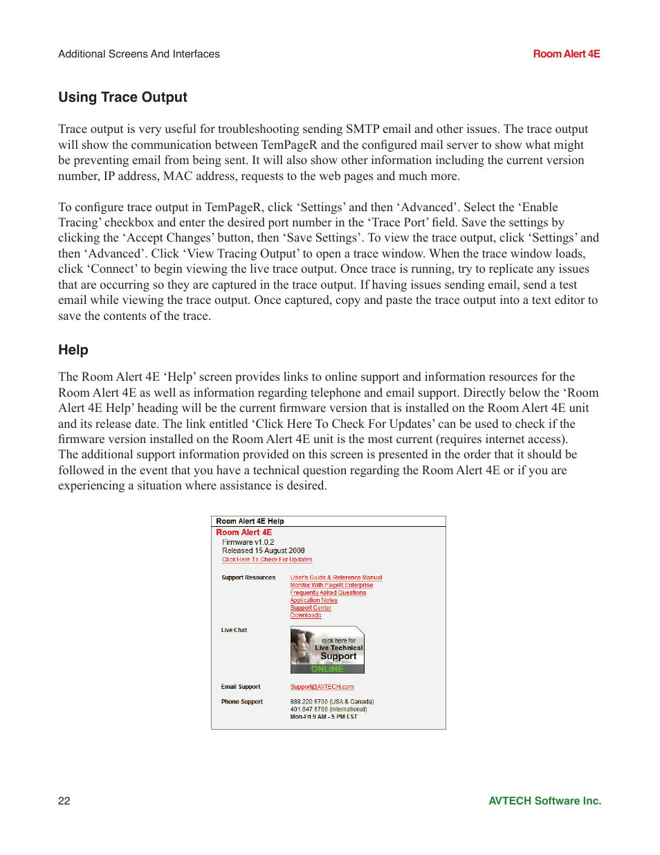 About, Web interface, Using trace output | Help | AVTECH Room Alert 4ER Monitor (RA4E-ES1-RAS) User Manual | Page 26 / 32