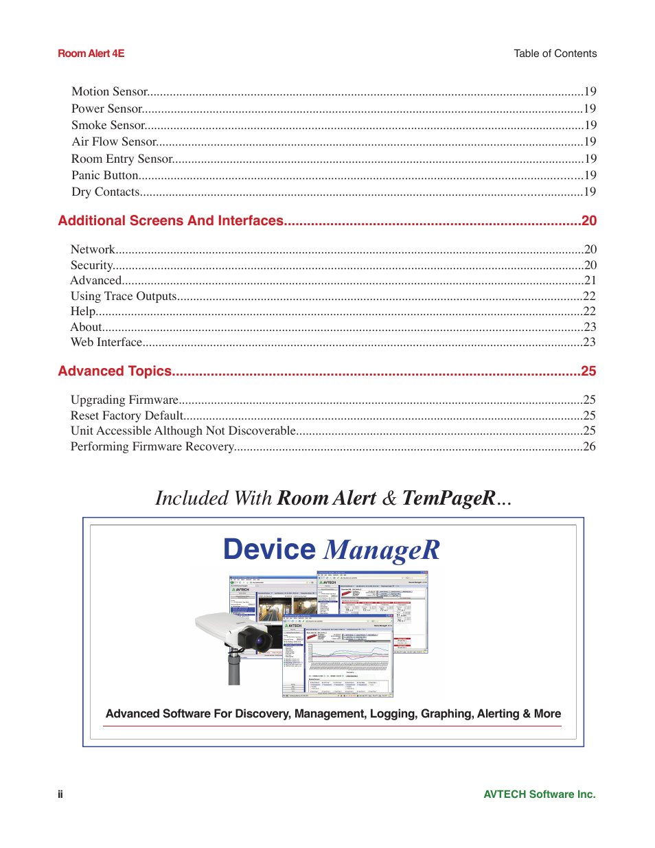 Device manager, Included with room alert & tempager | AVTECH Room Alert 4ER Monitor (RA4E-ES1-RAS) User Manual | Page 4 / 32