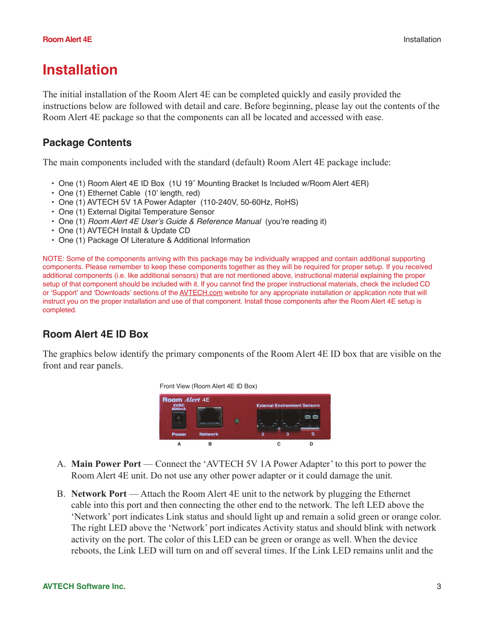 Installation, Package contents, Room alert 4e id box | AVTECH Room Alert 4ER Monitor (RA4E-ES1-RAS) User Manual | Page 7 / 32
