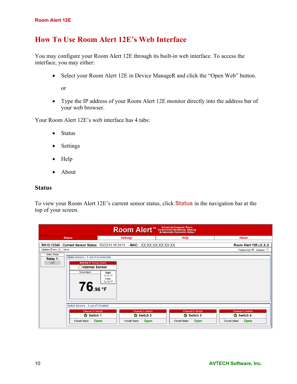 How to use room alert 12e’s web interface | AVTECH Room Alert 12ER Monitor (RA12E-TH1-RAS) User Manual | Page 14 / 56