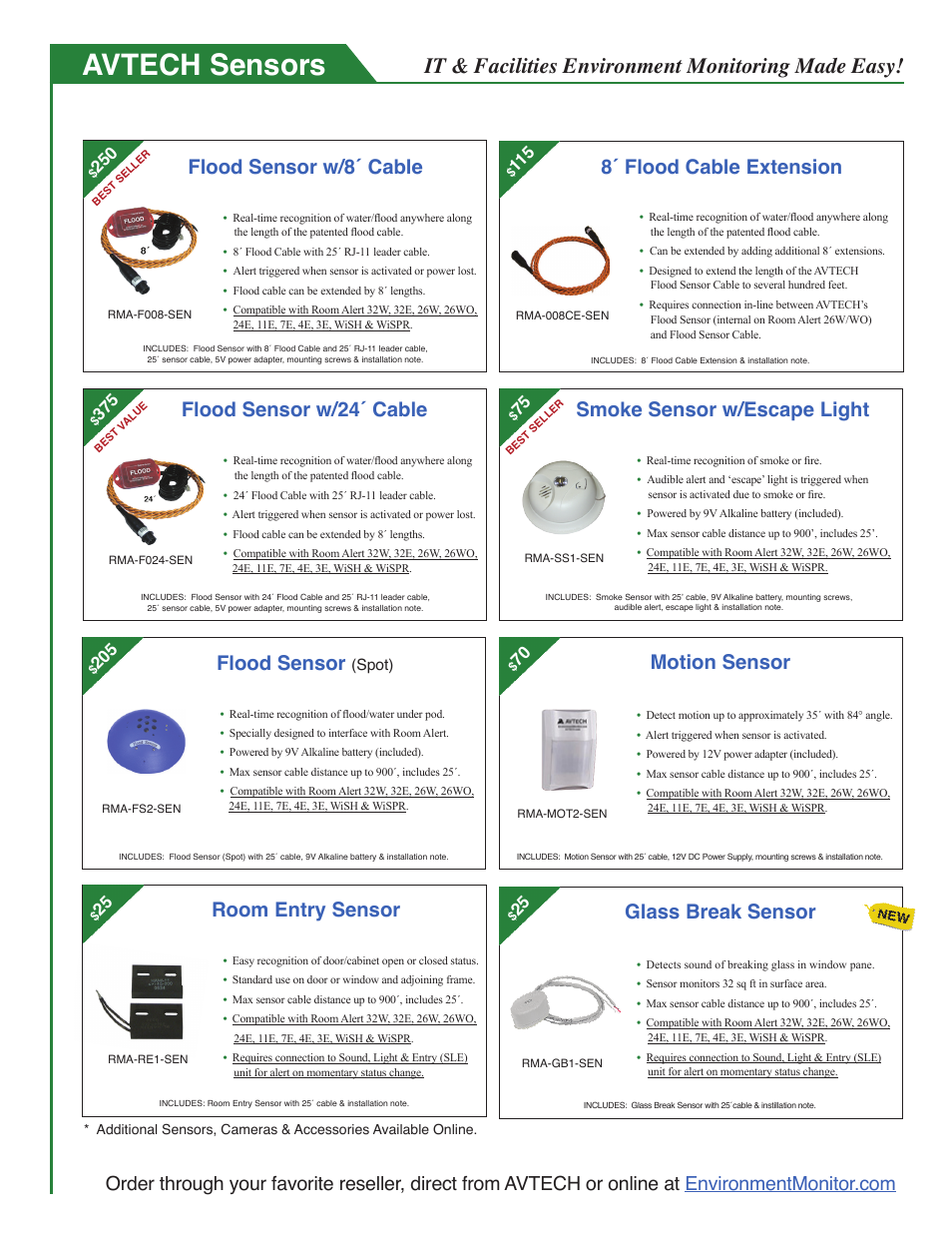 Avtech sensors, It & facilities environment monitoring made easy, Flood sensor w/8´ cable | Room entry sensor, Smoke sensor w/escape light, Motion sensor, Flood sensor, Flood sensor w/24´ cable, Glass break sensor, 8´ flood cable extension | AVTECH Room Alert 12ER Monitor (RA12E-TH1-RAS) User Manual | Page 52 / 56