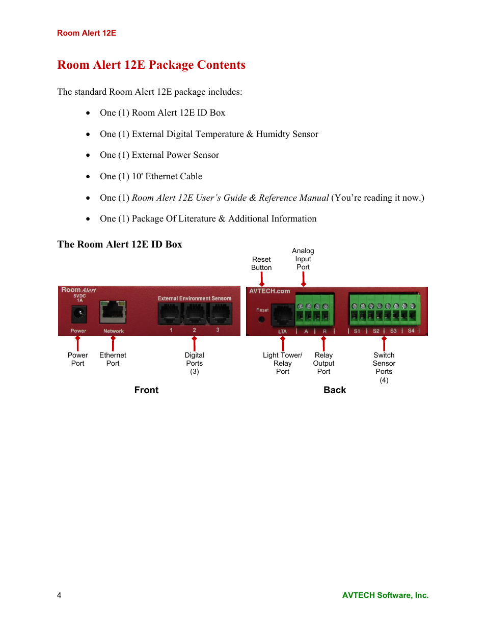 Room alert 12e package contents, The room alert 12e id box | AVTECH Room Alert 12ER Monitor (RA12E-TH1-RAS) User Manual | Page 8 / 56