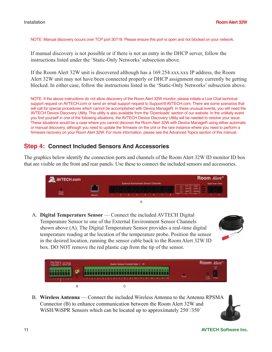 Step 4, Connect included sensors, And accessories | AVTECH Room Alert 32W Monitor (RA32W-WS1-RAS) User Manual | Page 16 / 40