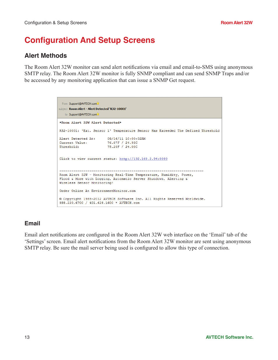 Confi guration and setup screens, Alert methods, Email | AVTECH Room Alert 32W Monitor (RA32W-WS1-RAS) User Manual | Page 18 / 40