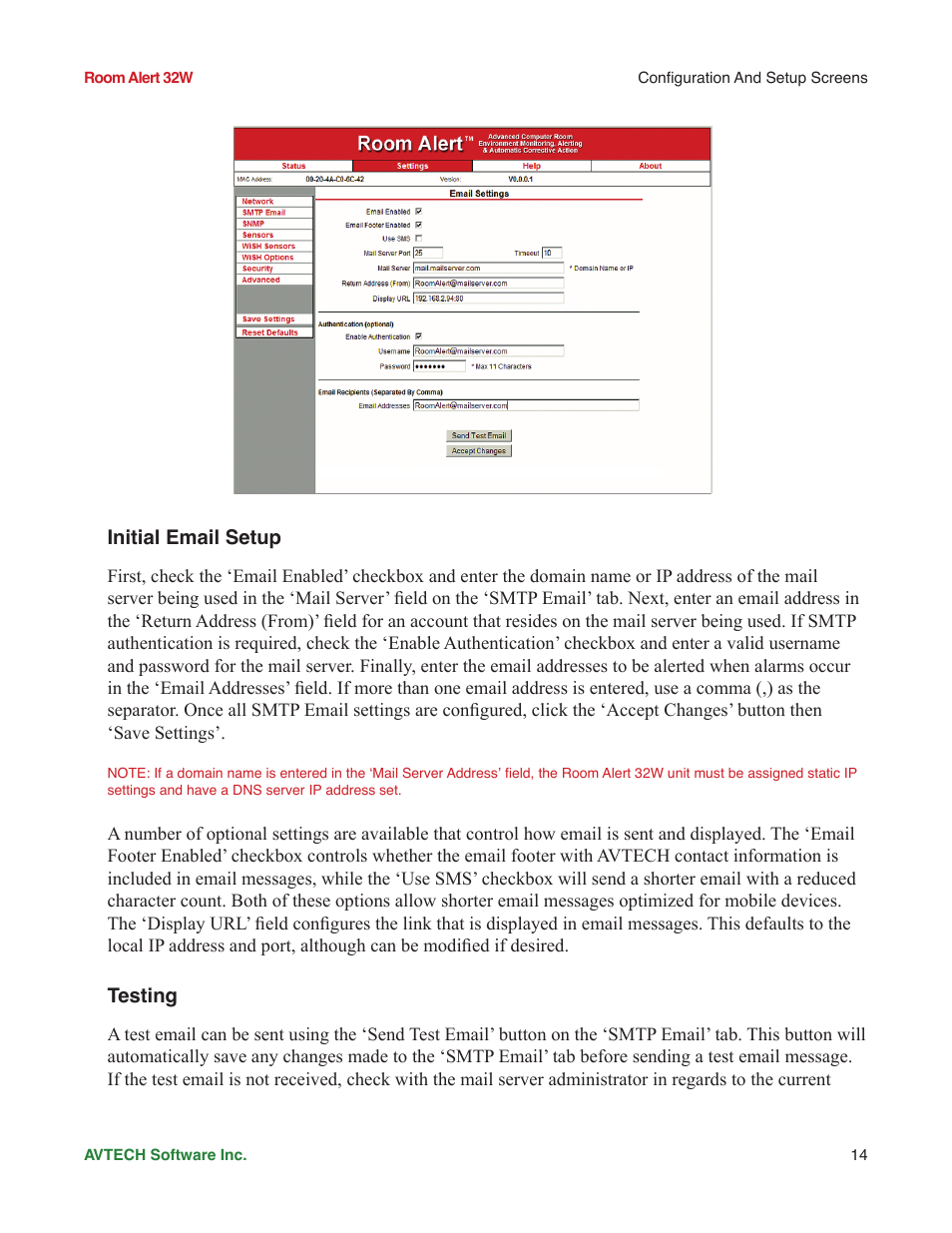 Initial email setup, Testing | AVTECH Room Alert 32W Monitor (RA32W-WS1-RAS) User Manual | Page 19 / 40
