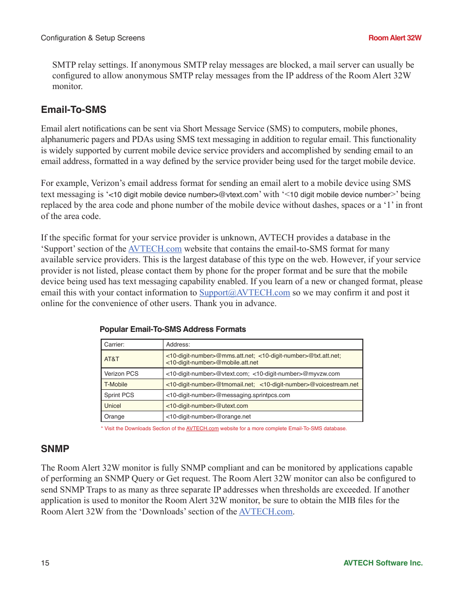 Email-to-sms, Snmp | AVTECH Room Alert 32W Monitor (RA32W-WS1-RAS) User Manual | Page 20 / 40