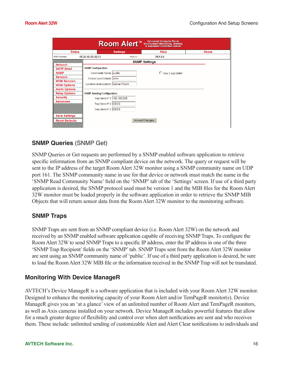 Snmp queries (snmp get), Snmp traps, Monitoring with device manager | AVTECH Room Alert 32W Monitor (RA32W-WS1-RAS) User Manual | Page 21 / 40