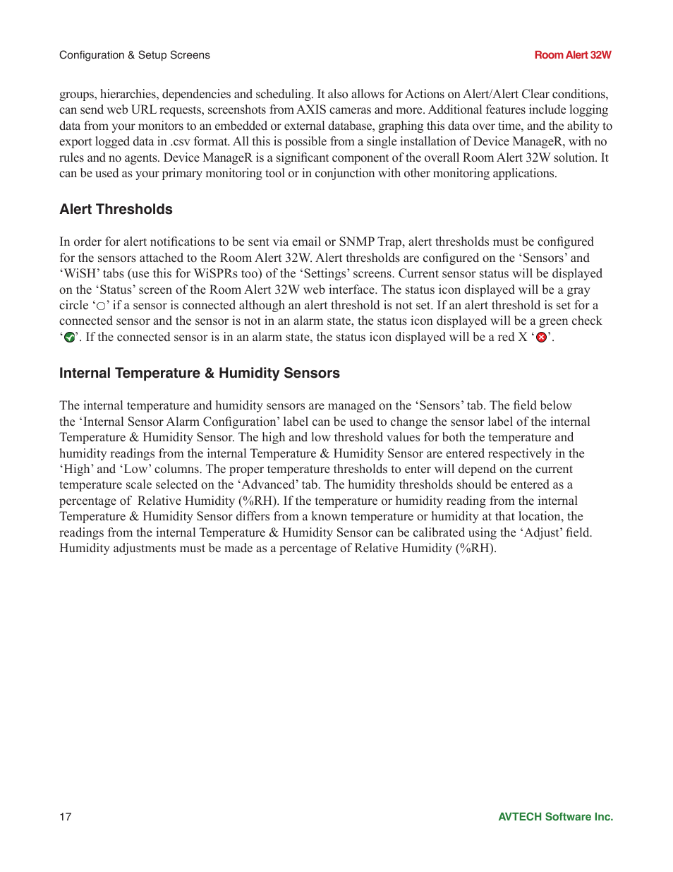 Alert thresholds, Internal temperature & humidity sensors | AVTECH Room Alert 32W Monitor (RA32W-WS1-RAS) User Manual | Page 22 / 40