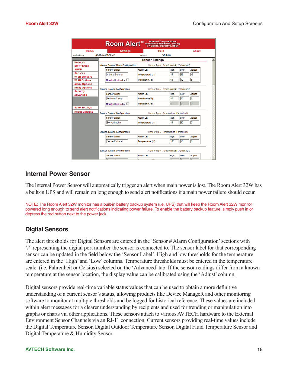 Internal power sensor, Digital sensors | AVTECH Room Alert 32W Monitor (RA32W-WS1-RAS) User Manual | Page 23 / 40