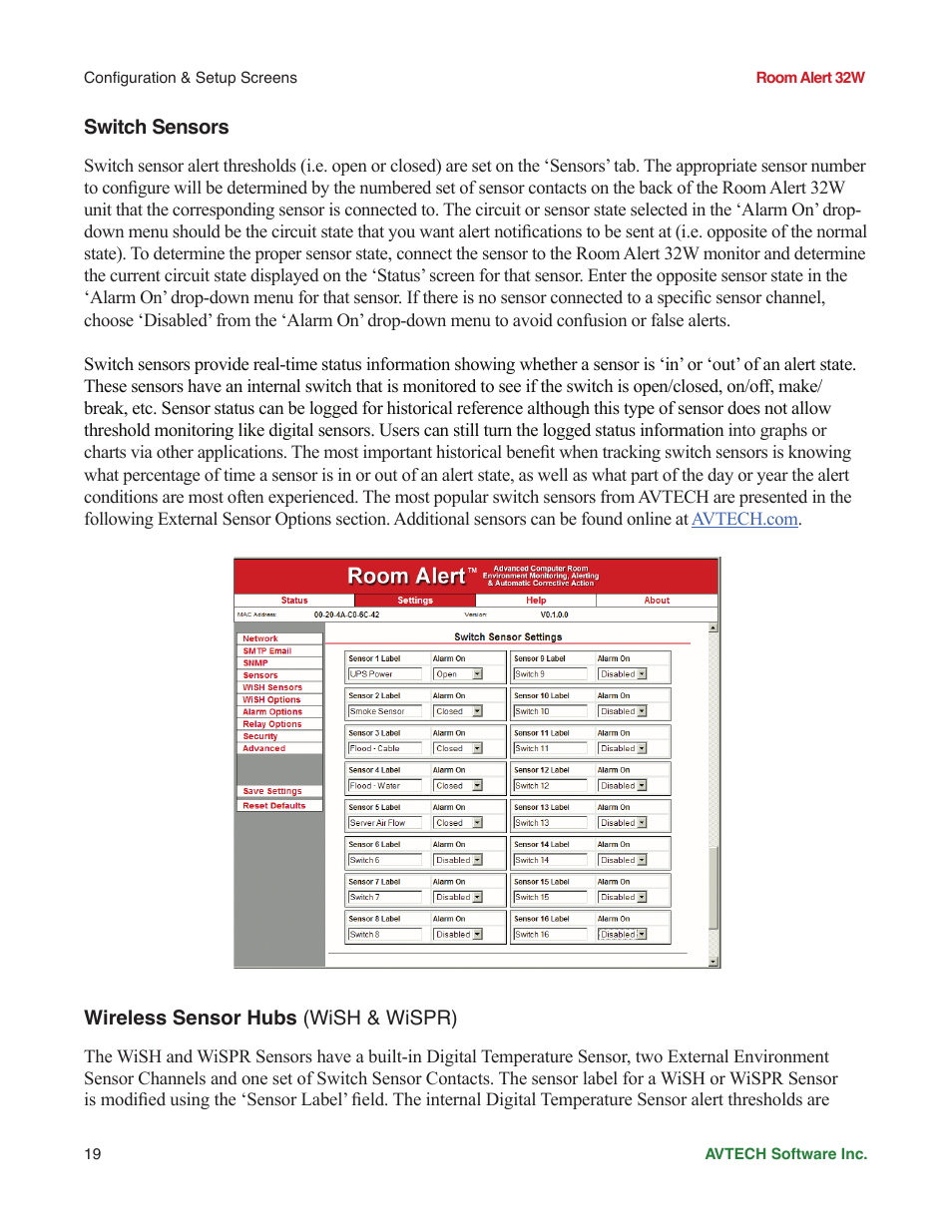 Switch sensors, Wireless sensor hubs (wish & wispr) | AVTECH Room Alert 32W Monitor (RA32W-WS1-RAS) User Manual | Page 24 / 40