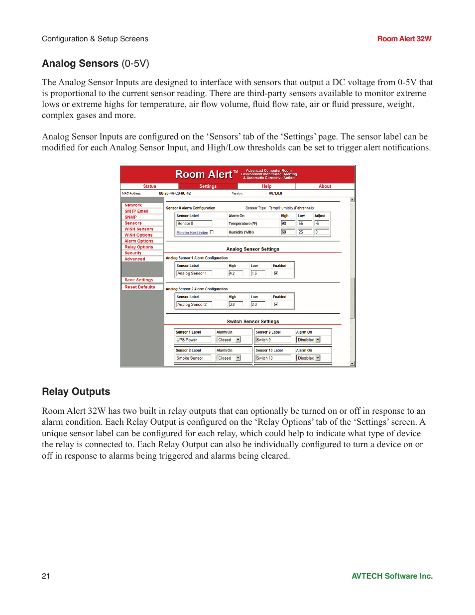 Analog sensors (0-v), Relay outputs | AVTECH Room Alert 32W Monitor (RA32W-WS1-RAS) User Manual | Page 26 / 40