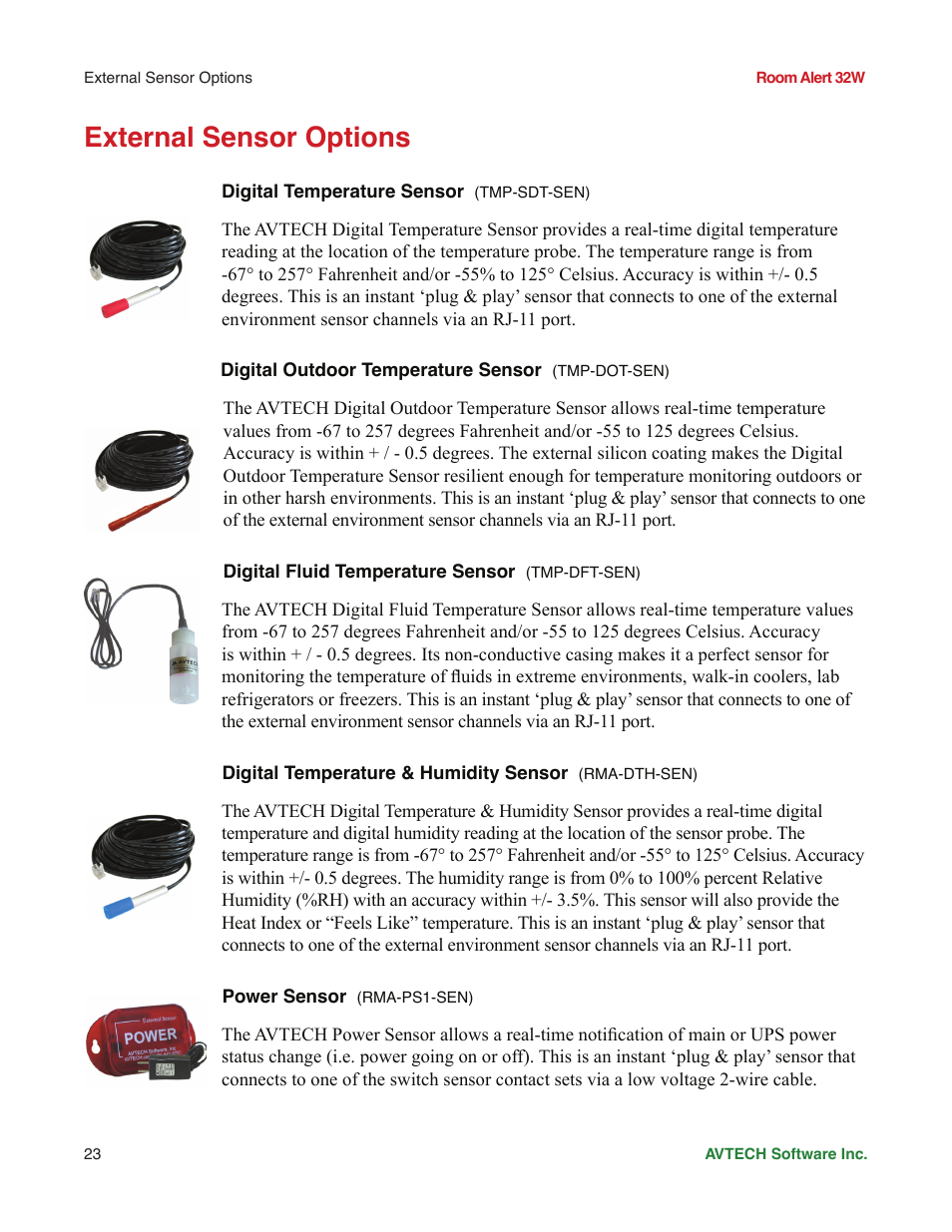 External sensor options | AVTECH Room Alert 32W Monitor (RA32W-WS1-RAS) User Manual | Page 28 / 40