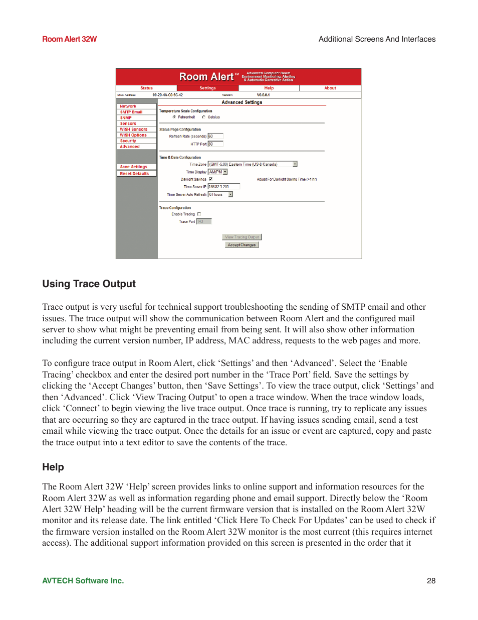 Using trace output, Help | AVTECH Room Alert 32W Monitor (RA32W-WS1-RAS) User Manual | Page 33 / 40