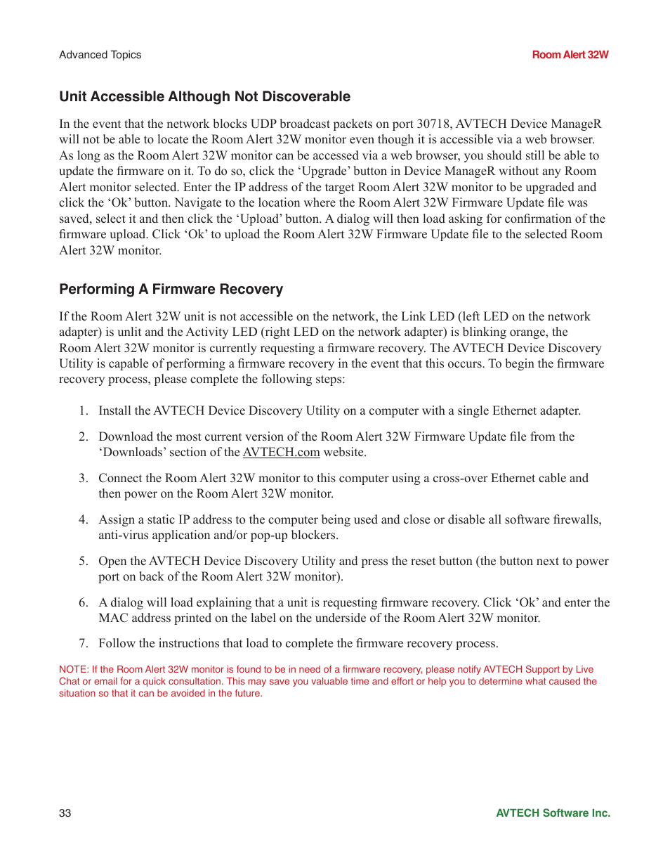Unit accessible although not discoverable, Performing a firmware recovery | AVTECH Room Alert 32W Monitor (RA32W-WS1-RAS) User Manual | Page 38 / 40