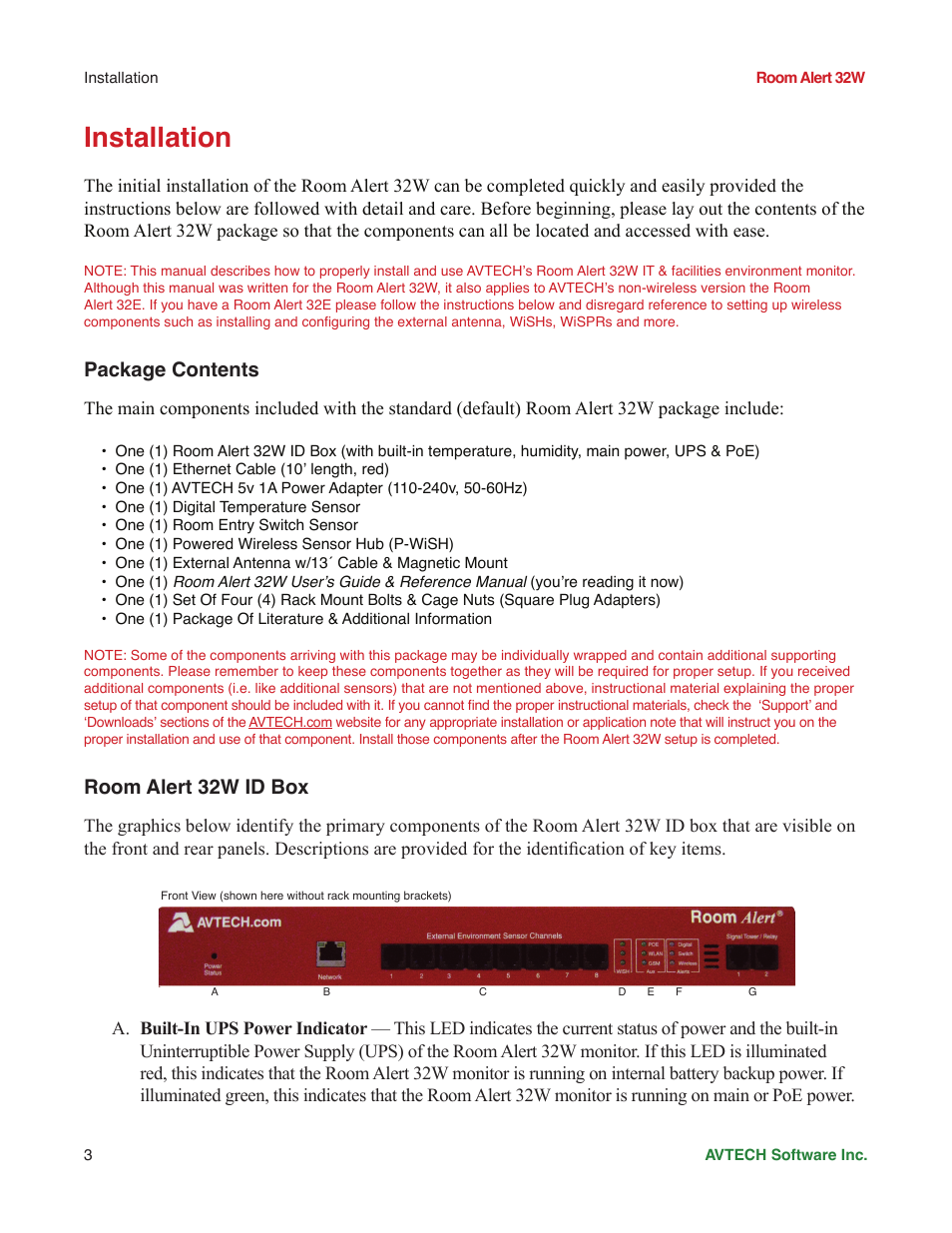 Installation, Package contents, Room alert 32w id box | AVTECH Room Alert 32W Monitor (RA32W-WS1-RAS) User Manual | Page 8 / 40