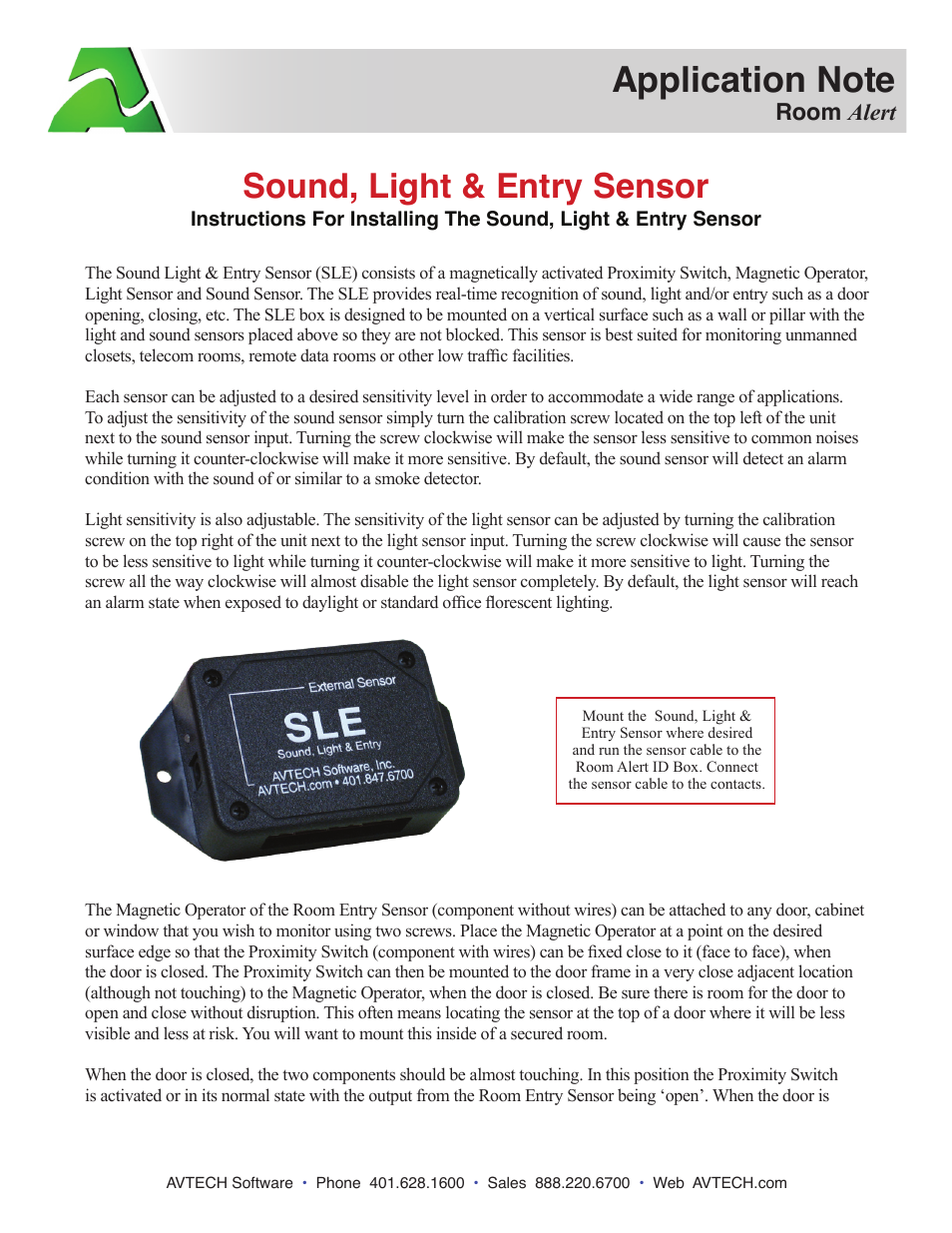 AVTECH Sound, Light & Entry Sensor (RMA-SLE-SEN) User Manual | 2 pages