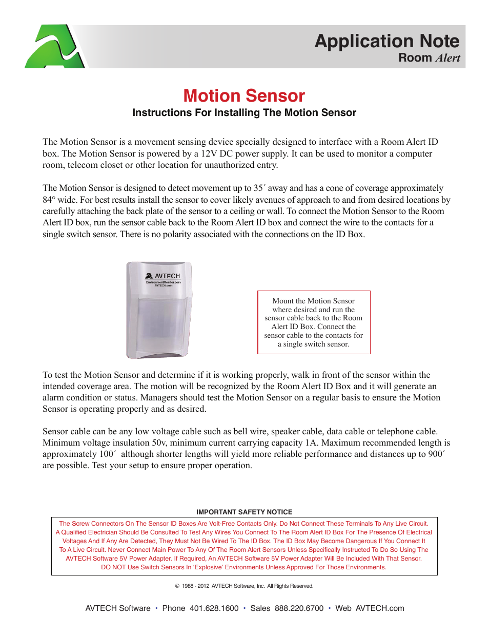 AVTECH Motion Sensor (RMA-MOT2-SEN) User Manual | 1 page