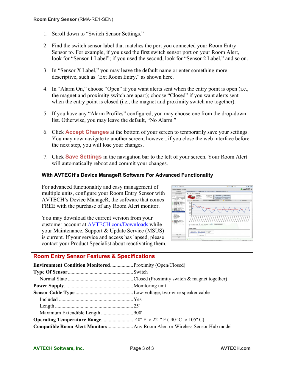AVTECH Room Entry Sensor (RMA-RE1-SEN) User Manual | Page 3 / 3