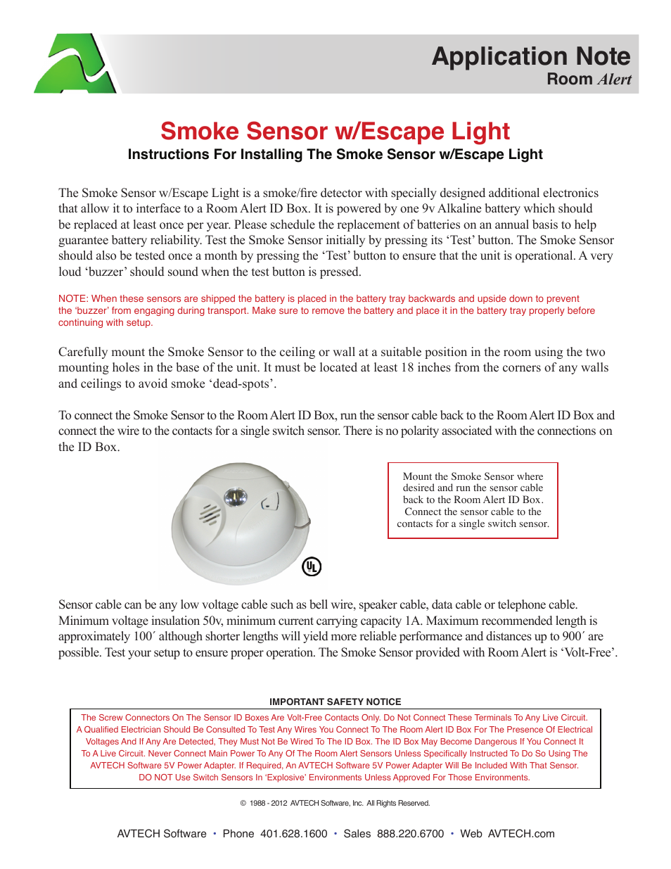 AVTECH Smoke Sensor w_Escape Light (RMA-SS1-SEN) User Manual | 1 page