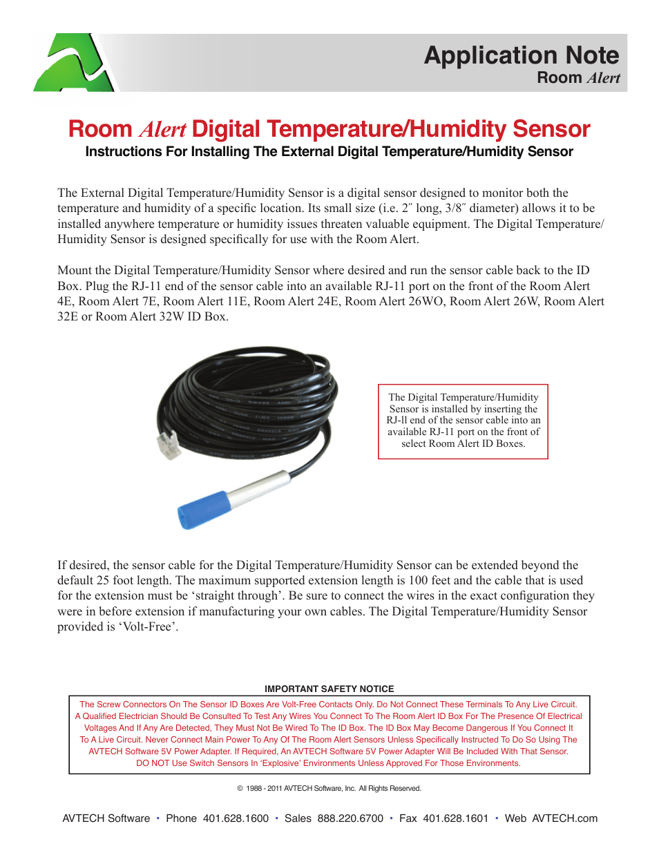 AVTECH Digital Temp & Humidity Sensor (RMA-DTH-SEN) User Manual | 1 page