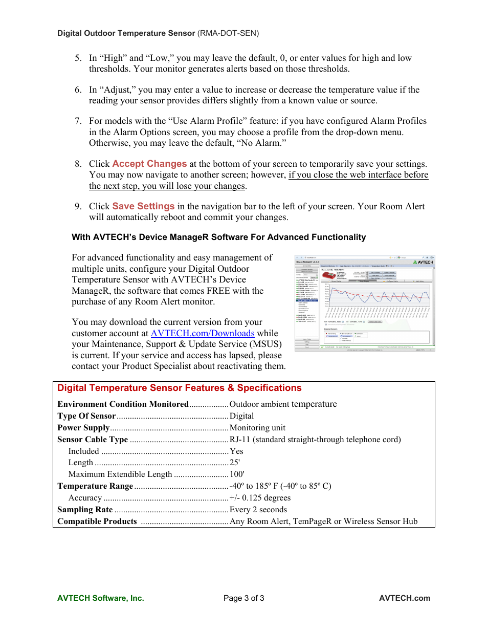 AVTECH Digital Outdoor Temperature Sensor (TMP-DOT-SEN) User Manual | Page 3 / 3