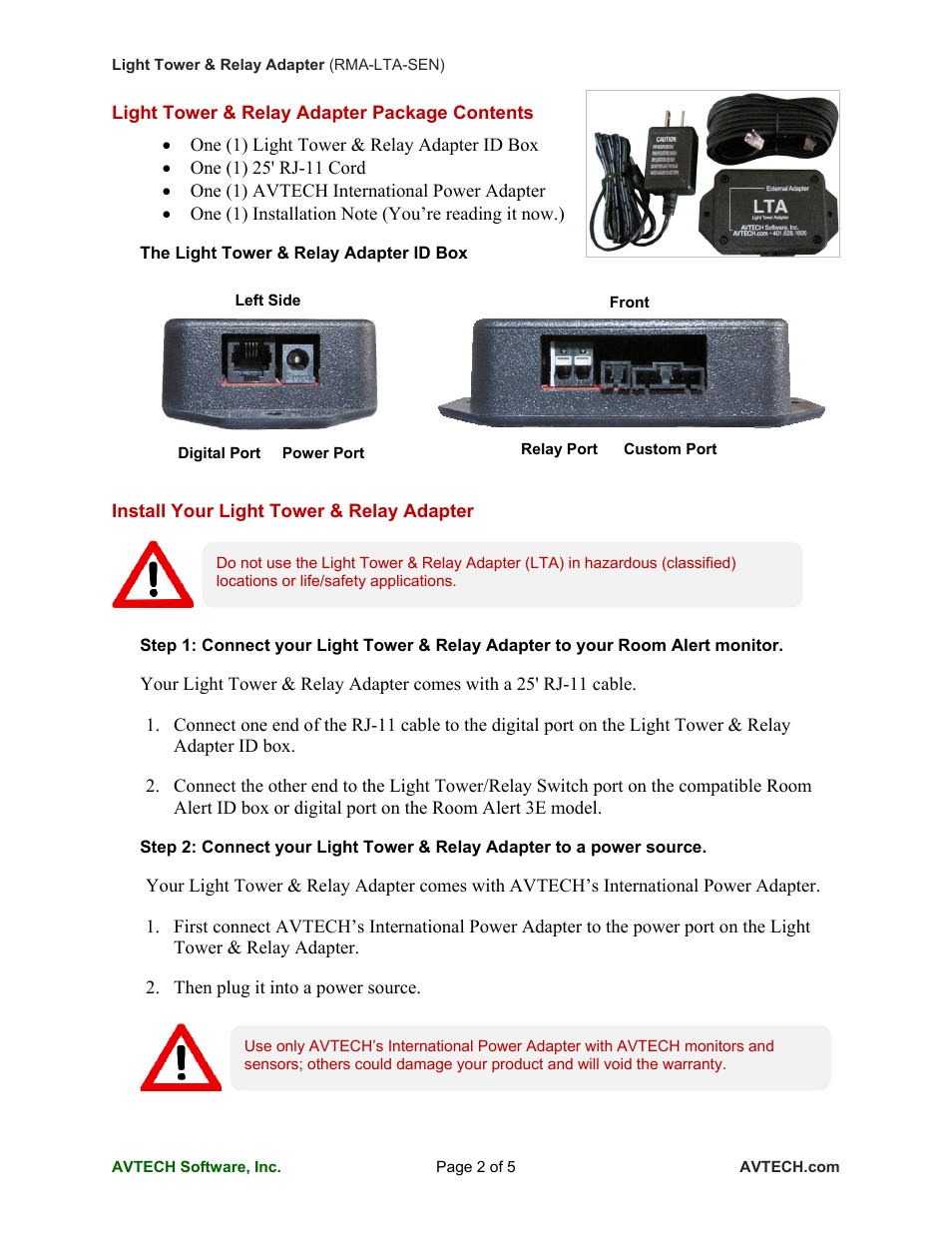 AVTECH Light Tower & Relay Adapter (LT-32-ADP) User Manual | Page 2 / 5