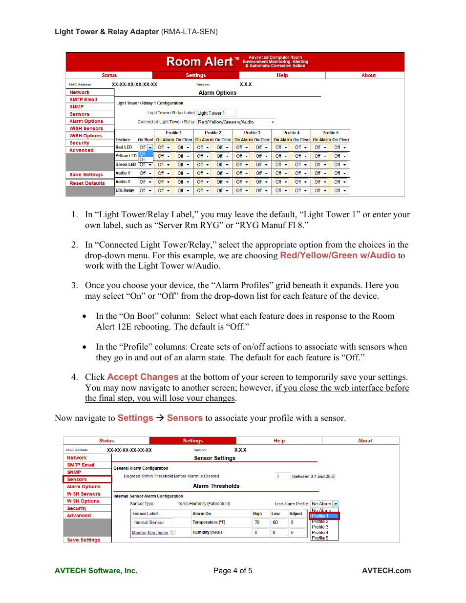 AVTECH Light Tower & Relay Adapter (LT-32-ADP) User Manual | Page 4 / 5