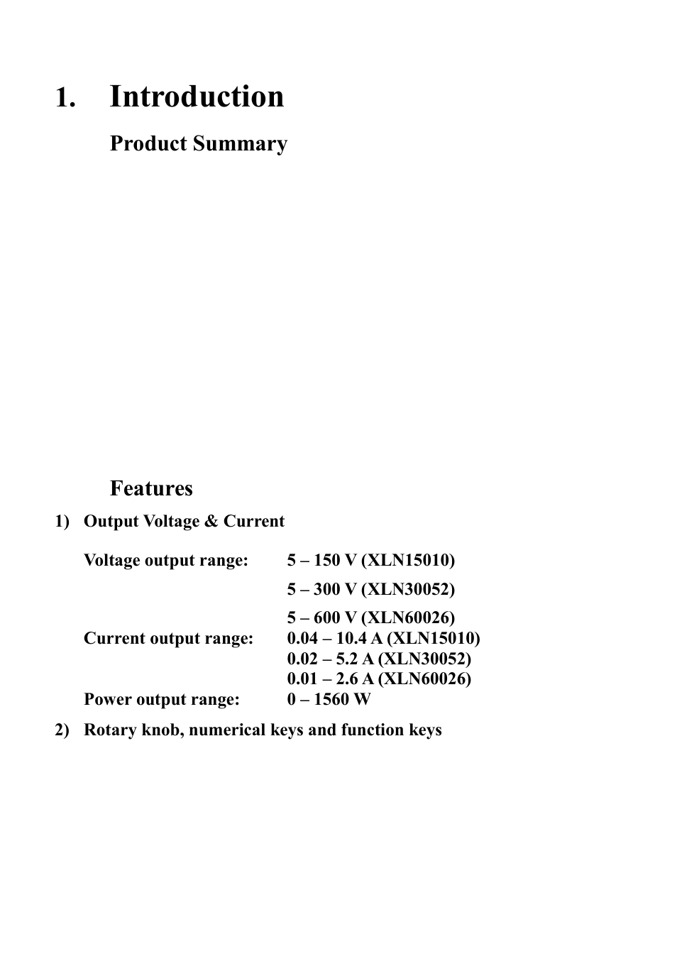 Introduction, 1 product summary, 2 features | Product summary, Features | B&K Precision XLN60026 - Manual User Manual | Page 101 / 207