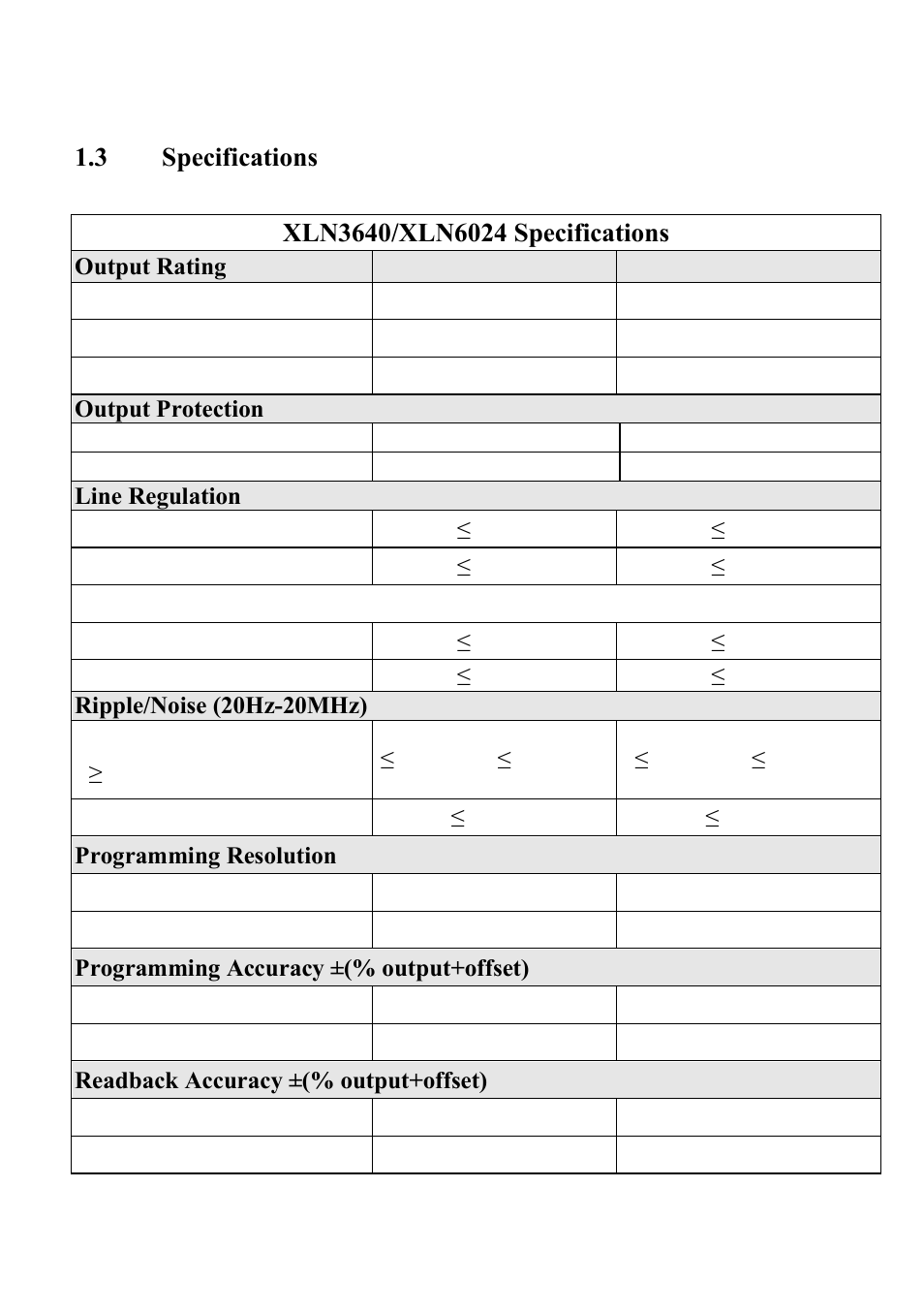Specifications | B&K Precision XLN60026 - Manual User Manual | Page 11 / 207