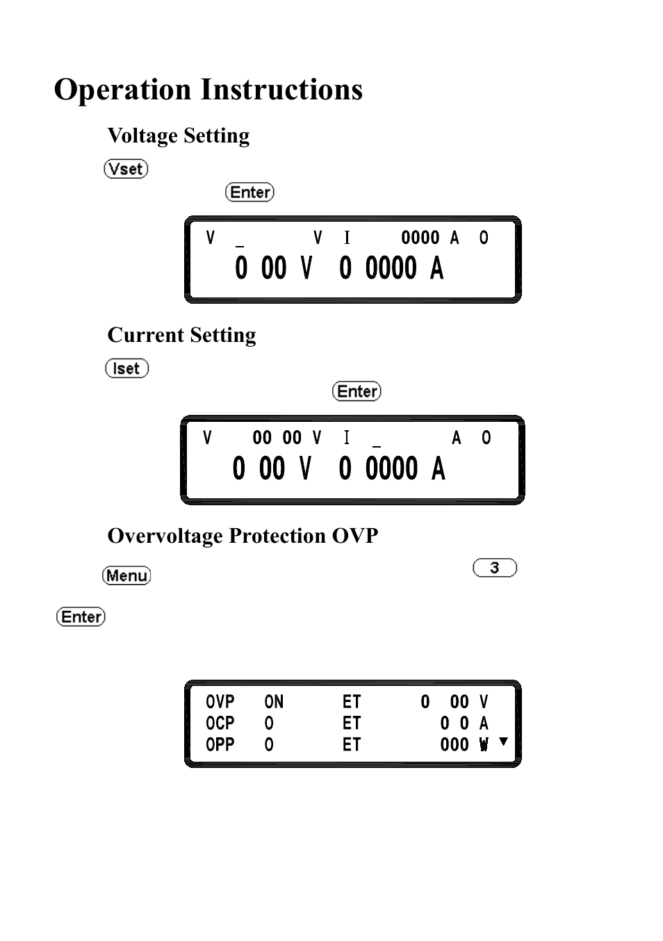 Operation instructions, 4 voltage setting, 5 current setting | 6 overvoltage protection ovp, Voltage setting, Current setting, Overvoltage protection ovp | B&K Precision XLN60026 - Manual User Manual | Page 128 / 207