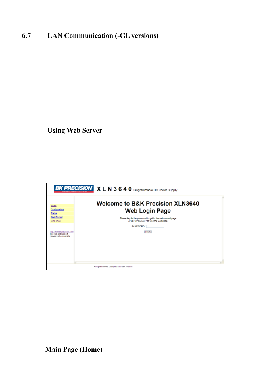 Lan communication (-gl versions), Using web server | B&K Precision XLN60026 - Manual User Manual | Page 82 / 207