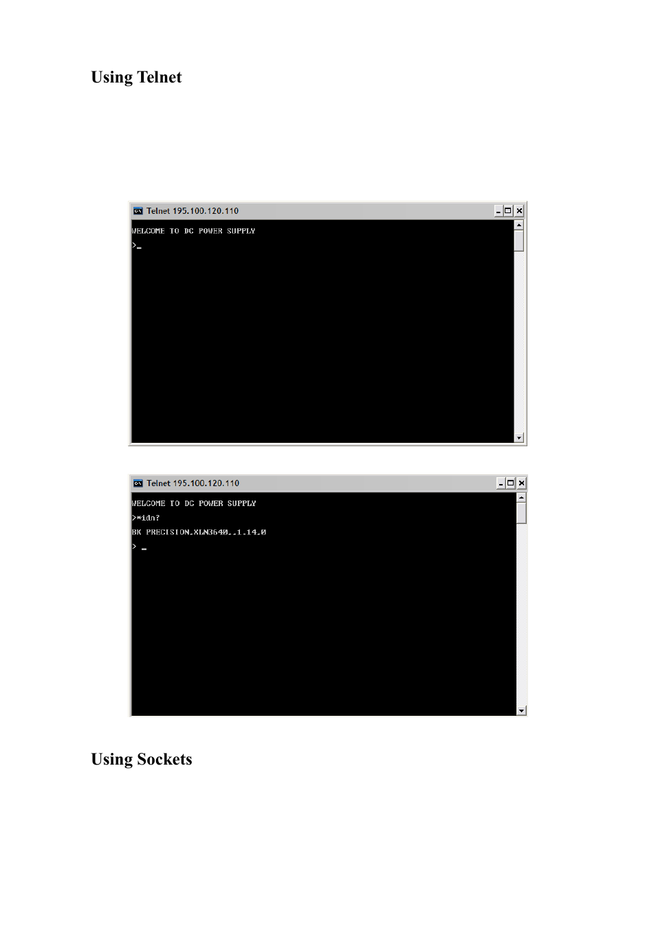 Using telnet, Using sockets | B&K Precision XLN60026 - Manual User Manual | Page 85 / 207