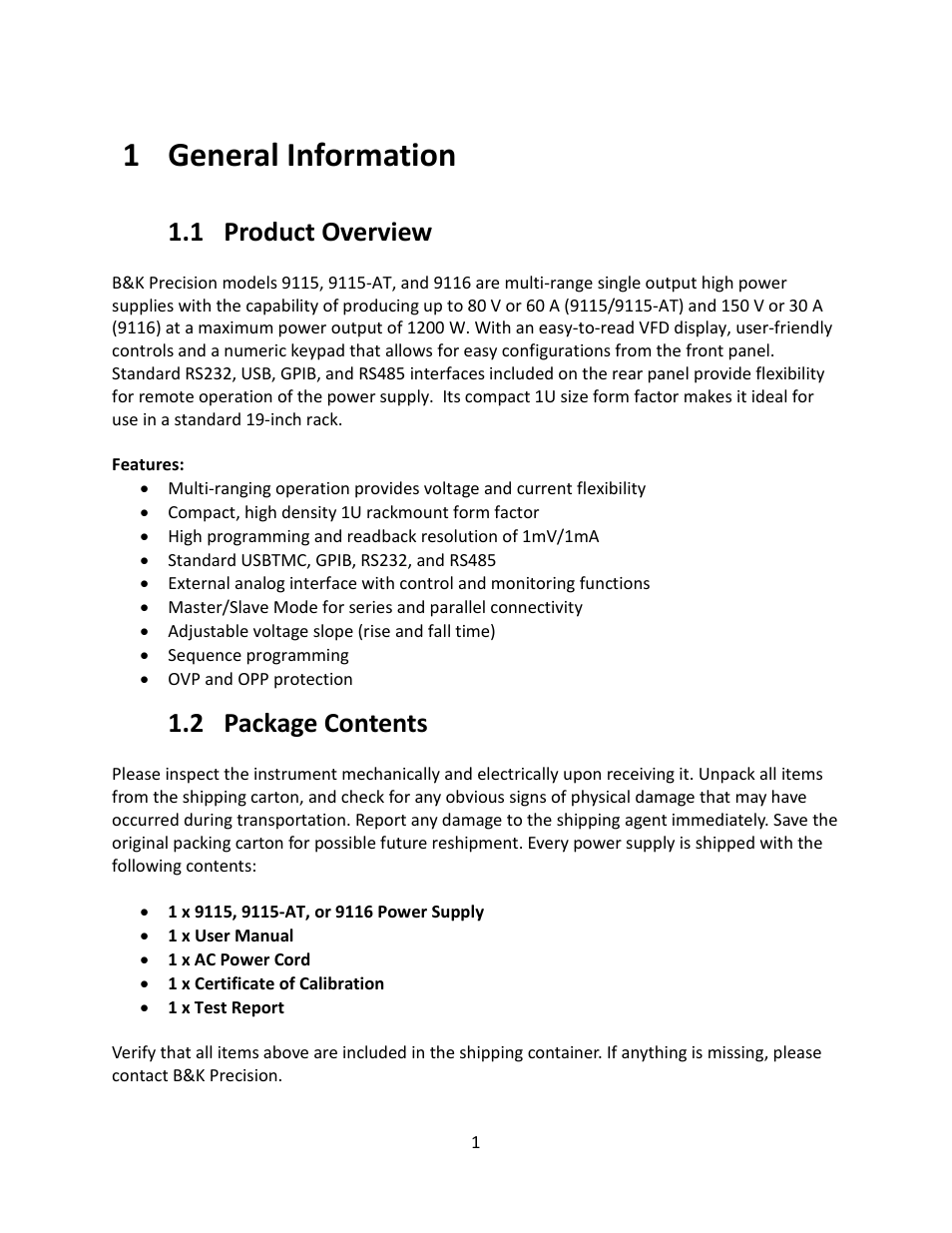 1 general information, 1 product overview, 2 package contents | General information, Product overview, Package contents, 1general information | B&K Precision 9116 - Manual User Manual | Page 14 / 74