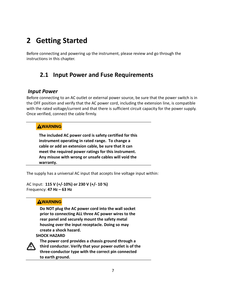 2 getting started, 1 input power and fuse requirements, Input power | Getting started, Input power and fuse requirements, 2getting started | B&K Precision 9116 - Manual User Manual | Page 20 / 74