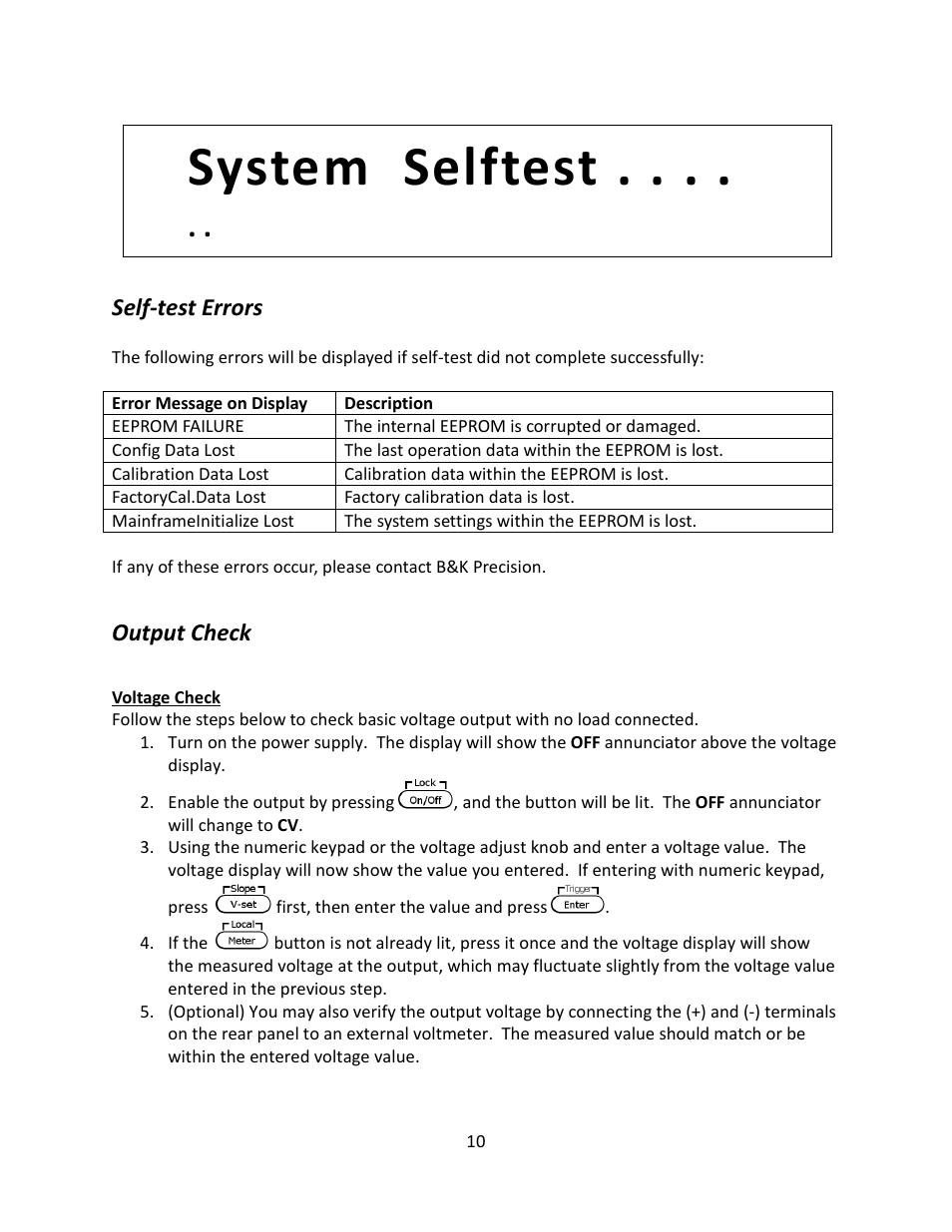 Self-test errors, Output check, Voltage check | System selftest | B&K Precision 9116 - Manual User Manual | Page 23 / 74