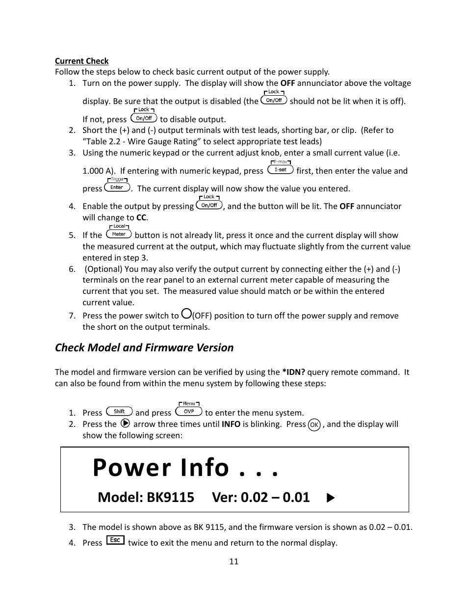 Current check, Check model and firmware version, Power info | B&K Precision 9116 - Manual User Manual | Page 24 / 74