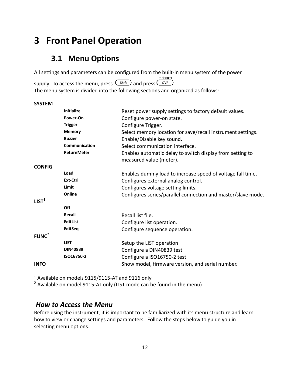 Front panel operation, Menu options, How to access the menu | 3front panel operation, 1 menu options | B&K Precision 9116 - Manual User Manual | Page 25 / 74