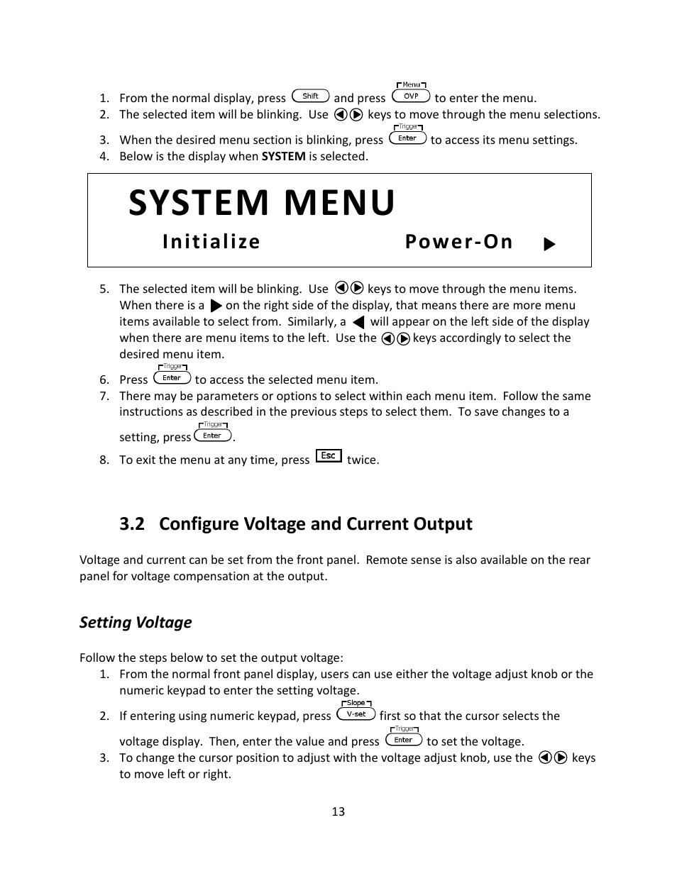 2 configure voltage and current output, Setting voltage, Configure voltage and current output | System menu, Initialize power-on | B&K Precision 9116 - Manual User Manual | Page 26 / 74