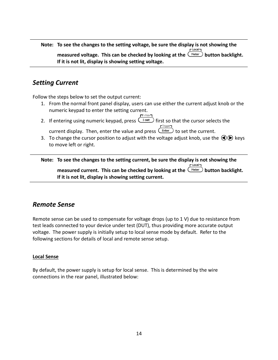 Setting current, Remote sense, Local sense | B&K Precision 9116 - Manual User Manual | Page 27 / 74