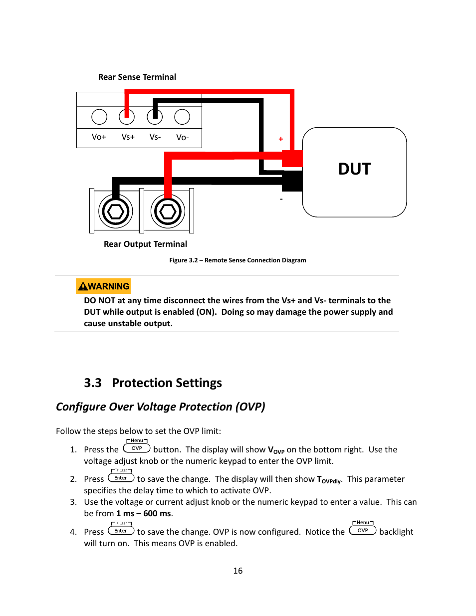 3 protection settings, Configure over voltage protection (ovp), Protection settings | B&K Precision 9116 - Manual User Manual | Page 29 / 74