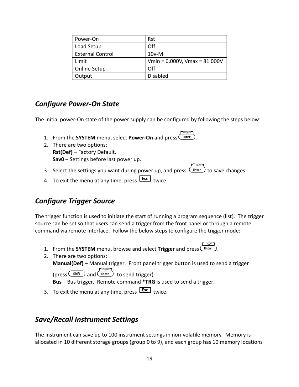 Configure power-on state, Configure trigger source, Save/recall instrument settings | B&K Precision 9116 - Manual User Manual | Page 32 / 74
