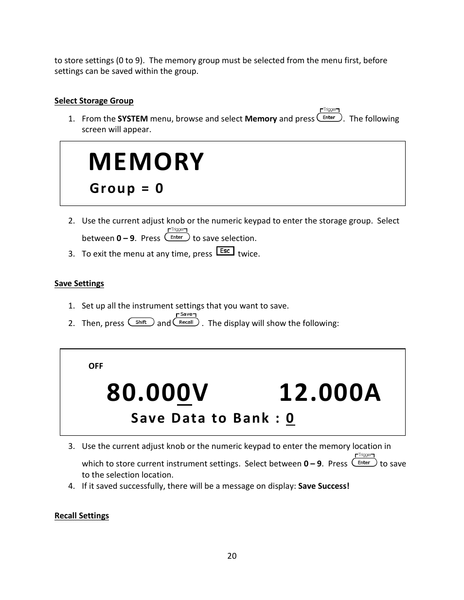 Select storage group, Save settings, Recall settings | Save data to bank : 0, Group = 0 | B&K Precision 9116 - Manual User Manual | Page 33 / 74