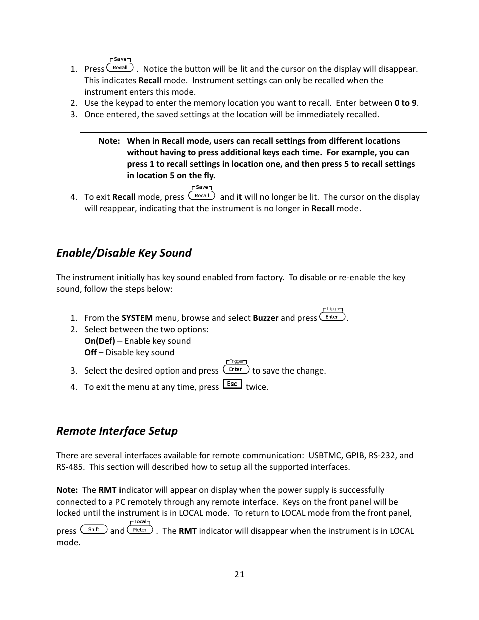 Enable/disable key sound, Remote interface setup | B&K Precision 9116 - Manual User Manual | Page 34 / 74